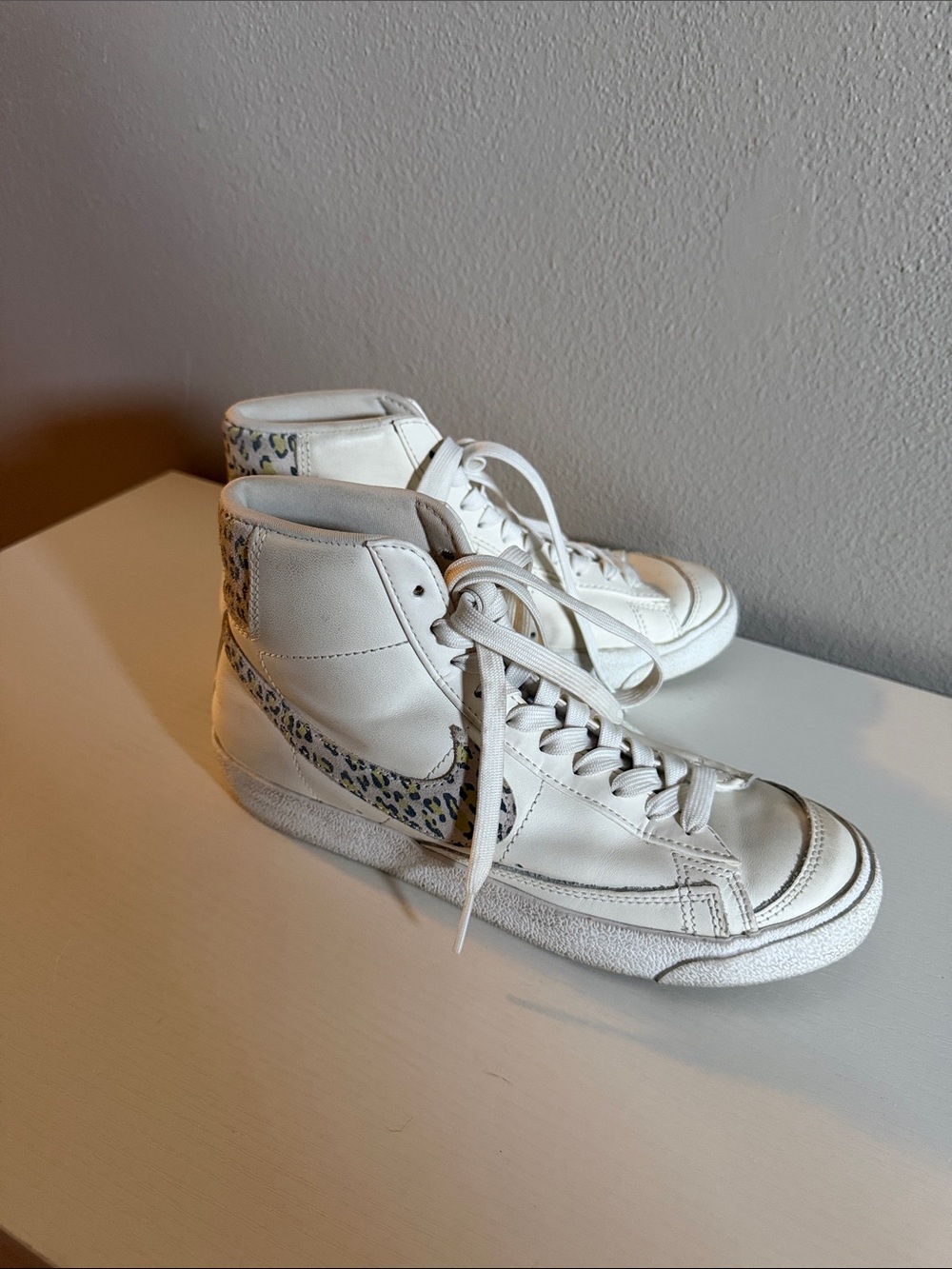 Nike White High-Top Sneakers with Leopard Swoosh - Women